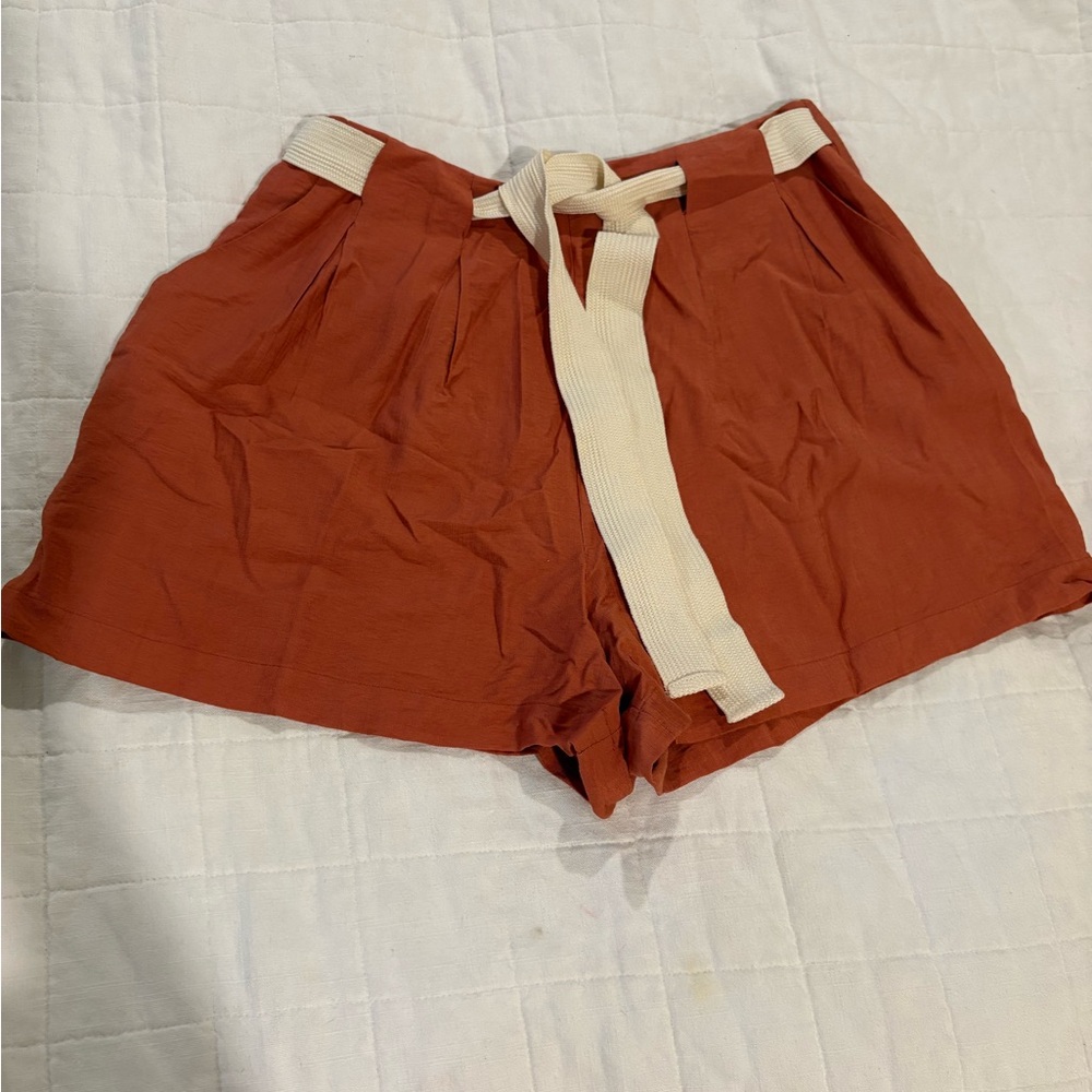 All in Favor High Waist Rust Shorts with Cream Belt